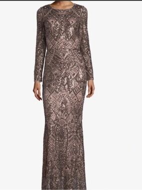 Betsy & Adam Taupe Sequin Geometric Long-Sleeve Gown